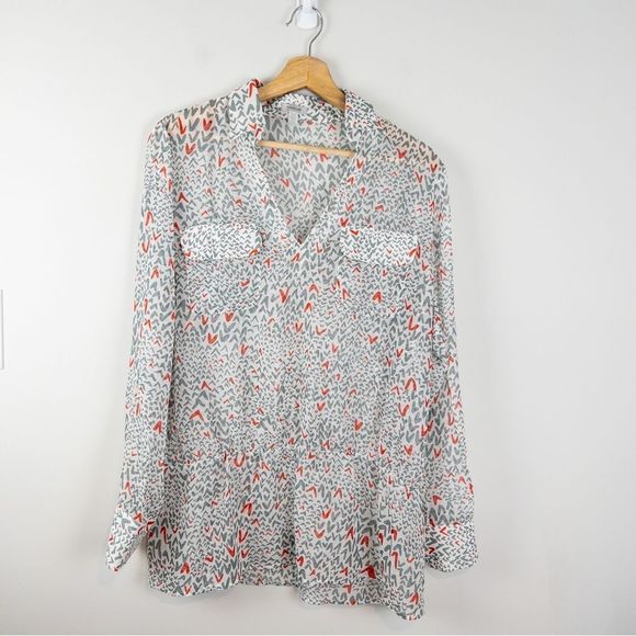 TRISTAN Womens Semi Sheer Grey Red Arrow Tunic Blouse Size Large Collared - Picture 2 of 11